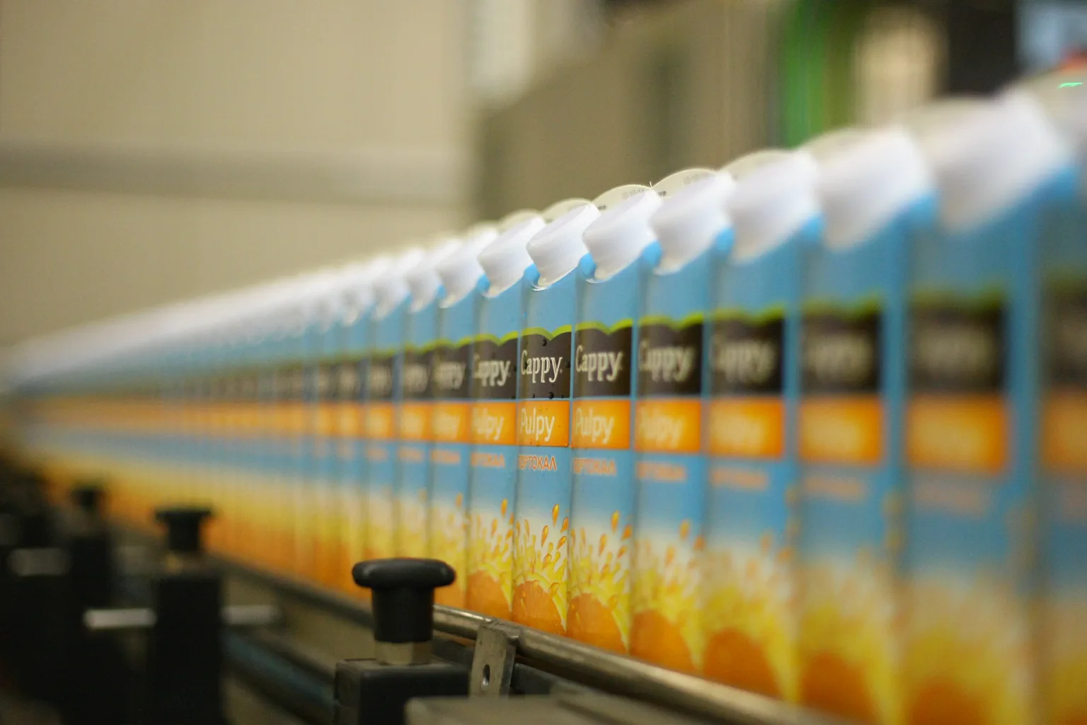 Rows of branded juice cartons moving along a conveyor inside a beverage packaging facility